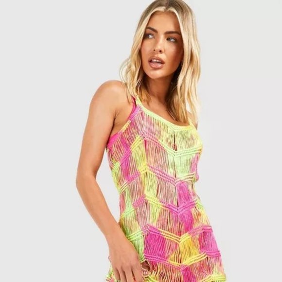 BOHO Swim Dress Crochet Beach Cover Up Colorful Bikini Cover Up Mesh Swim Shirt - Picture 4 of 10